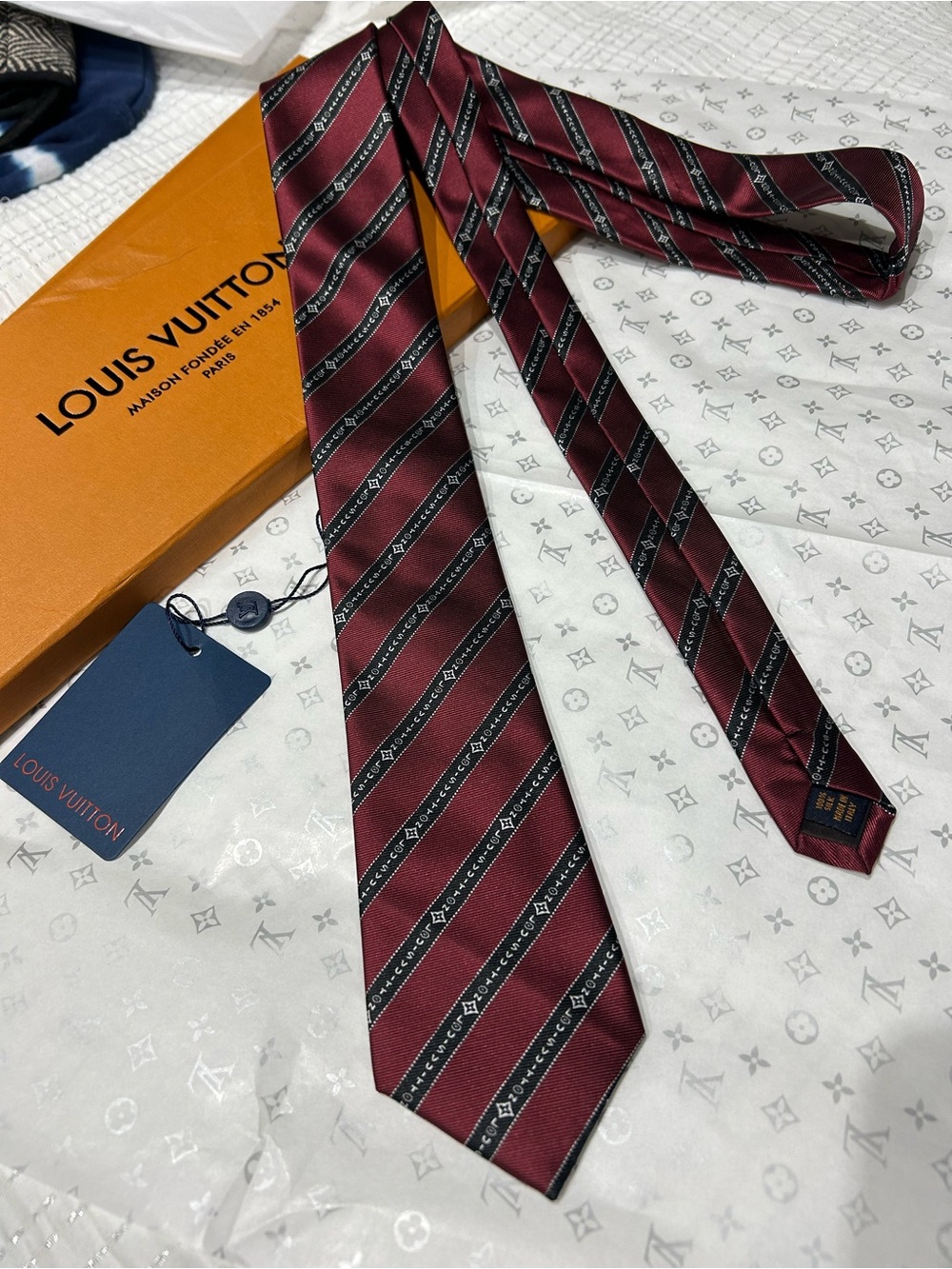 Louis Vuitton Men’s Burgundy and Black Diagonal Logo Silk Tie